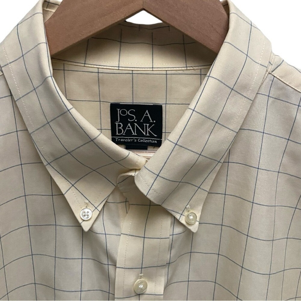 Jos. A. Bank Travelers Collection Mens Cream‎ Windowpane Check Cotton Shirt XL